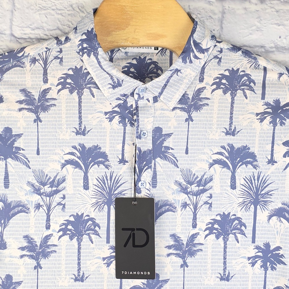 7 Diamonds Men Puerto Polo Blue Palm Tree Print Stretch Shirt Size Large